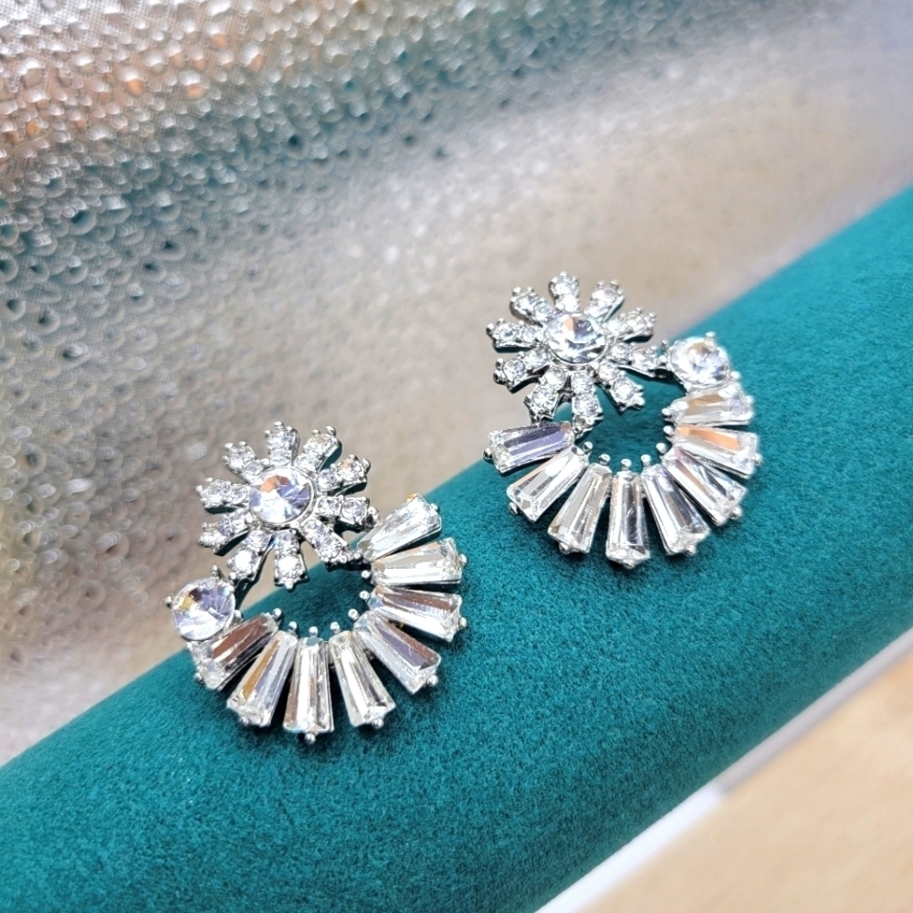 Brand New Rhinestone & Baguette Earrings • Half Moon Shaped • Pierced